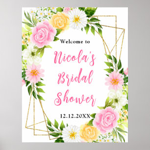 Roze en Gele Bloem Bruiloft Feest Welkom Poster