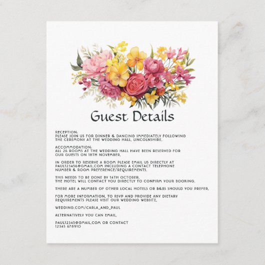 Roze en Gele Bloemen Bruiloft Gast Details Informatiekaartje (Voorkant)