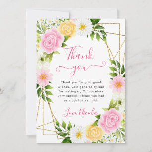 Roze en Gele Bloemen Gouden Frame Quinceanera Bedankkaart