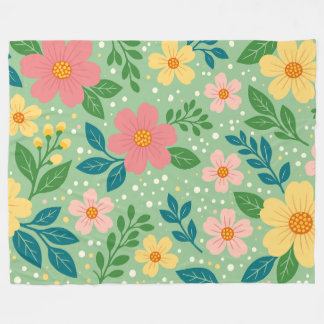 Roze en Gele Bloemen met Groene & Blauwe Bladeren Fleece Deken
