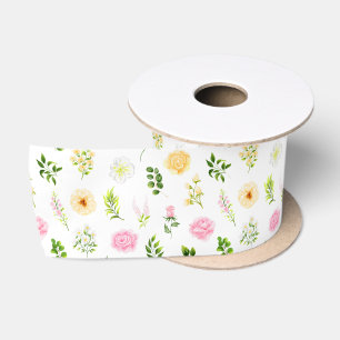 Roze en Gele Bloemen met Loofpatroon Lint