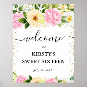 Roze en gele bloemen Sweet 16 Welkom Poster