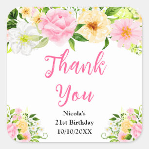 Roze en Gele Bloemen Verjaardag Bedankt Vierkante Sticker