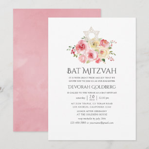 Roze en Gele Bloemige Bat Mitzvah Kaart