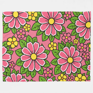 Roze en gele bloempatroon met groene bladeren fleece deken