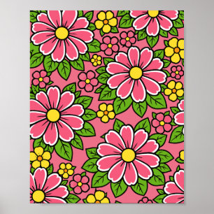 Roze en gele bloempatroon met groene bladeren poster