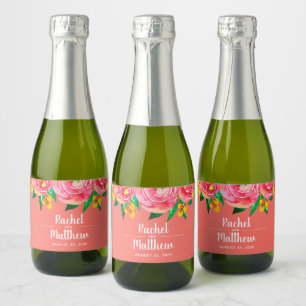 Roze en Gele Bloemrijke Aquarel Miniatuur Sparkling Wijnetiket