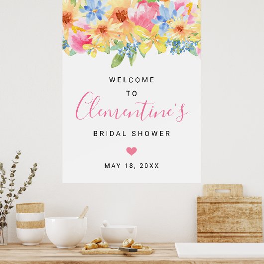 Roze en Gele Bloemrijke Bruidsbruiloft Ontvangst Poster (Keuken)