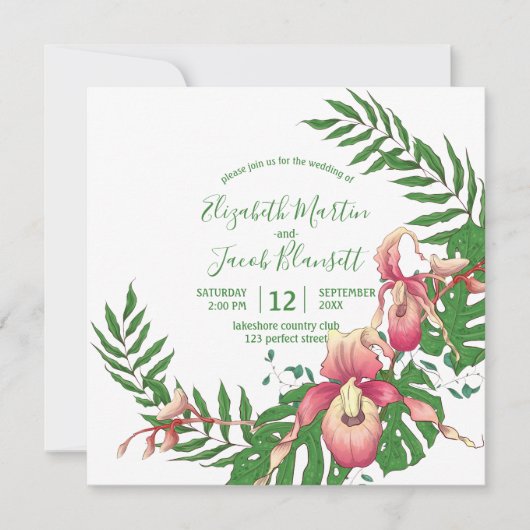 Roze en Gele Dame Slipper Orchidee Krans Bruiloft Kaart (Voorkant)