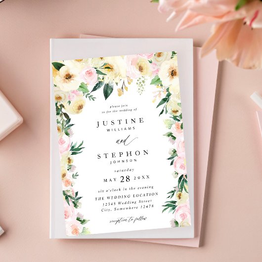 Roze en gele Floral bruiloft Kaart