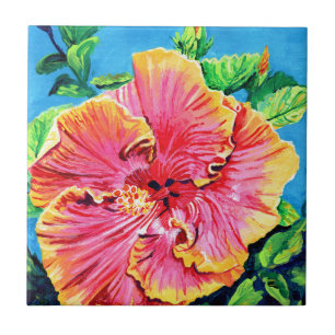 Roze en gele Hawaiian Hibiscus keramische Tegel Tegeltje