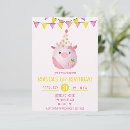 Roze en Gele Koe Stoffig, Plush Verjaardagsfeestje Kaart (Staand voorkant)