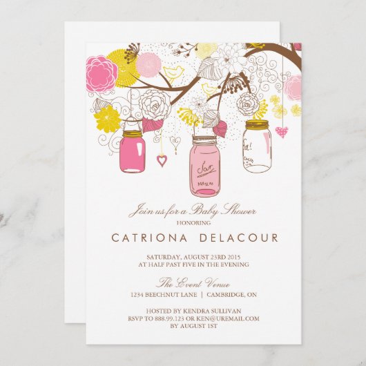 Roze en Gele Mason Jars Baby shower Uitnodiging (Voorkant / Achterkant)
