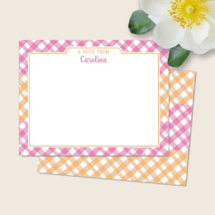 Roze en gele Oranje preppy Gingham Stationery Notitiekaartje