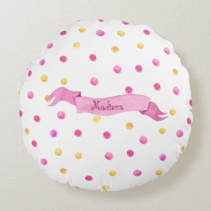 Roze en gele pokadop Banner Girly Cute Rond Kussen