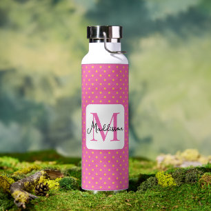 Roze en gele polka stippen patroon monogram waterfles