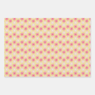 roze en gele retro bloem inpakpapier vel