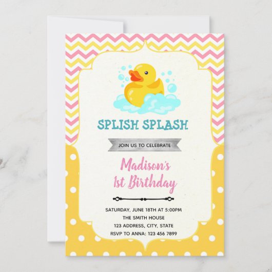 Roze en gele rubbereend kaart (Voorkant)