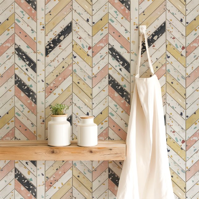 Roze en gele Terrazzo Chevron visgraat Behang (Creator heeft geüpload)
