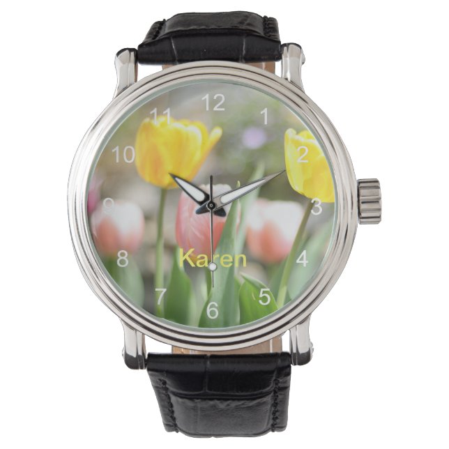 Roze en gele Tulpen Horloge (Voorkant)