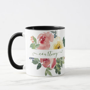 Roze en gele waterverf bloemstuk gepersonaliseerd mok
