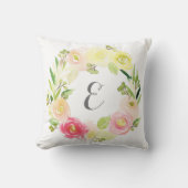 Roze en gele Waterverf Floral Wreate | Monogram Kussen (Voorkant)