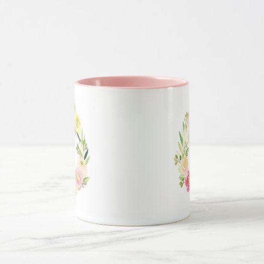 Roze en gele Waterverf Floral Wreate | Monogram Mok (Midden)