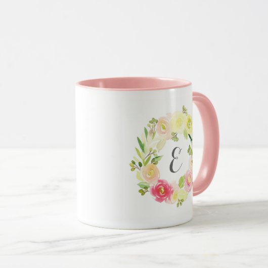 Roze en gele Waterverf Floral Wreate | Monogram Mok (Voorkant rechts)