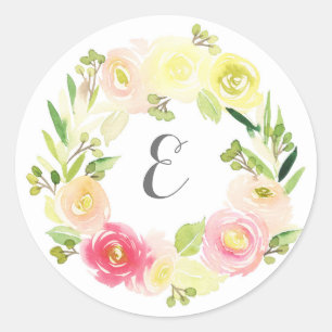 Roze en gele Waterverf Floral Wreate Monogram Ronde Sticker