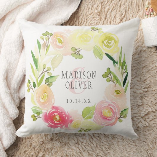 Roze en gele Waterverf Floral Wreate | Weddenschap Kussen (Deken)