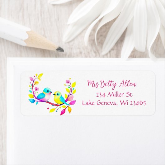 Roze en Gele Waterverf Vogels en Bloemen Etiket (Insitu)