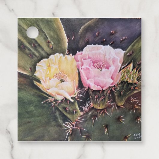 Roze en gele woestijncactus bloemen bedankjes labels (Voorkant)