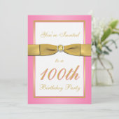 Roze en Gold 100e verjaardag uitnodiging (Staand voorkant)