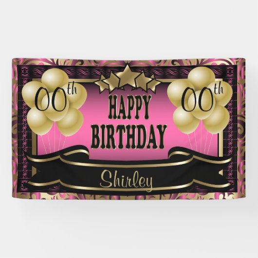 Roze en Gold Abstract Happy 00th Birthday Spandoek (Horizontaal)