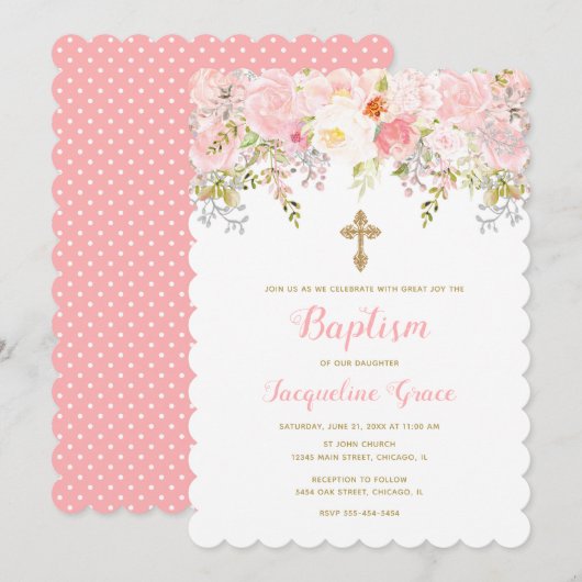 Roze en Gold Floral communiqué Kaart (Voorkant / Achterkant)