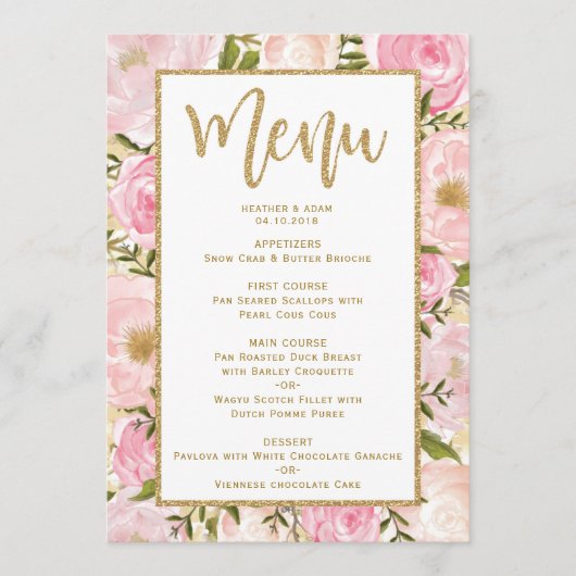 Roze en Gold Floral Wedding Menu Sjabloon Card (Voorkant)