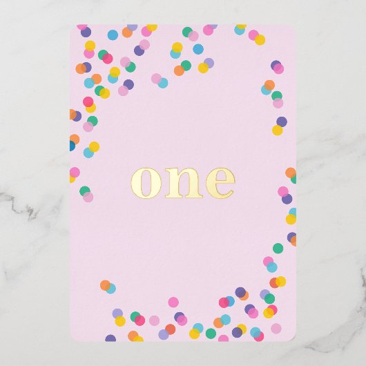 Roze en Gold Girl's First Birthday Confetti Folie Uitnodiging (Voorkant)