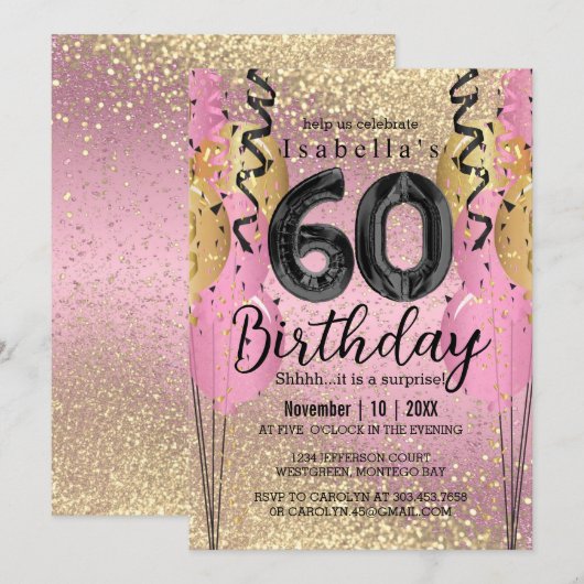 Roze en Gold Glitter 60th Birthday Kaart (Voorkant / Achterkant)
