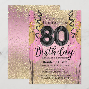 Roze en Gold Glitter 80th Birthday Invitation Kaart