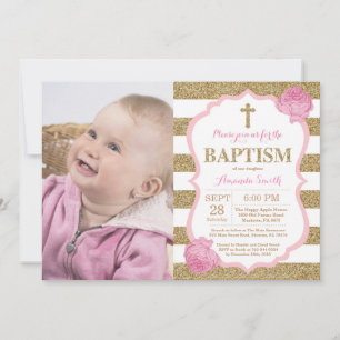 Roze en Gold Glitter Baptism Invitation Kaart
