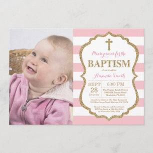 Roze en Gold Glitter Baptism Invitation Kaart