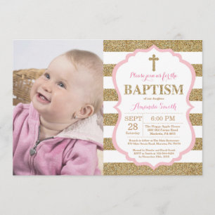 Roze en Gold Glitter Baptism Invitation Kaart