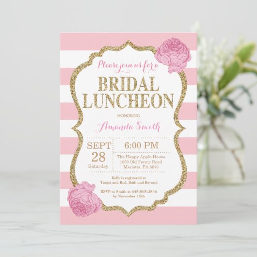 Roze en Gold Glitter Bridal Luncheon Uitnodiging (Staand voorkant)