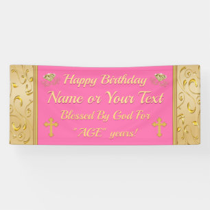 Roze en Gold Happy Birthday-banner, Christelijk Spandoek