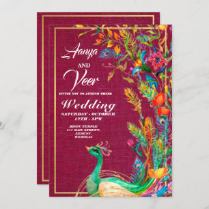 Roze en Gold Peacock Indian Wedding Invitation Kaart