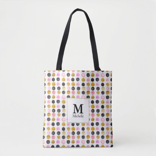 Roze en Gold Polka Dot Monogram Canvas tas (Voorkant)