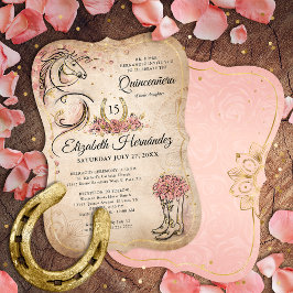 Roze en Gold Quinceanera Rustic Horse Birthday Kaart