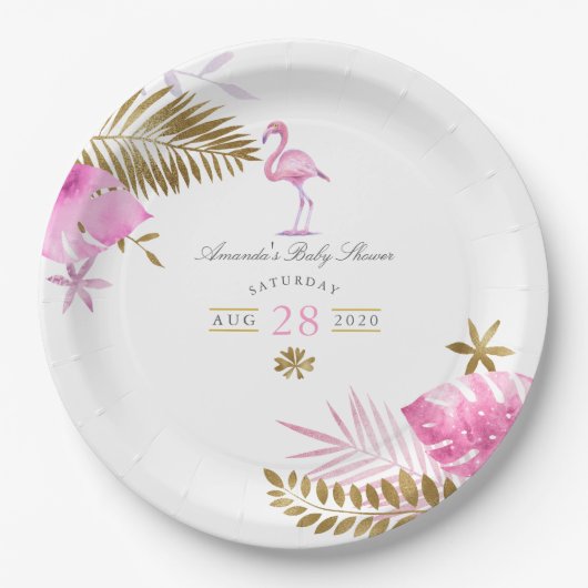 Roze en Gold Tropical Flamingo Girl Baby shower Papieren Bordje (Voorkant)