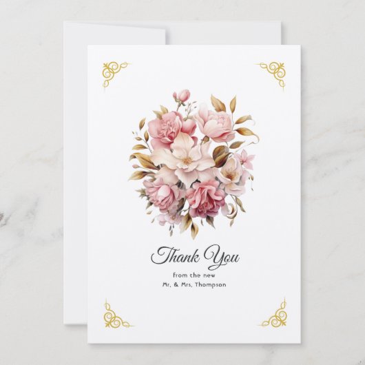 Roze en Goud Bloemen Bruiloft Bedankkaart (Voorkant)