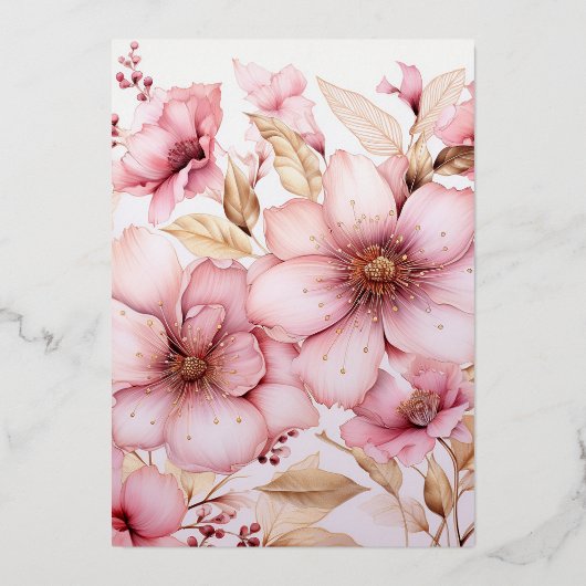 Roze en Goud Bloemen Bruiloft Folie Uitnodiging (Achterkant)